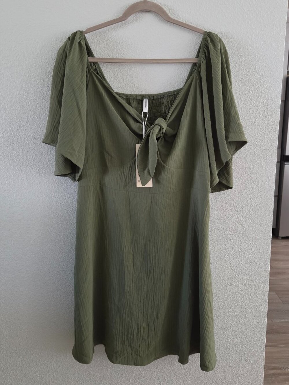 Dokotoo Olive Green Tie-Front Flutter Sleeve Mini Dress